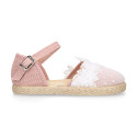 Plumeti linen canvas girl espadrille shoes for ceremony with flower design.