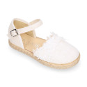 Plumeti linen canvas girl espadrille shoes for ceremony with flower design.