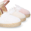 Plumeti linen canvas girl espadrille shoes for ceremony with flower design.