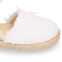 Plumeti linen canvas girl espadrille shoes for ceremony with flower design.