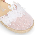 Plumeti linen canvas girl espadrille shoes for ceremony with flower design.