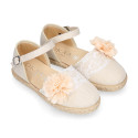 Linen canvas girl espadrille shoes for ceremony with lace and flower design.