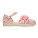 Linen canvas girl espadrille shoes for ceremony with lace and flower design.