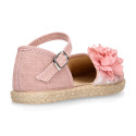 Linen canvas girl espadrille shoes for ceremony with lace and flower design.