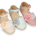 Linen canvas girl espadrille shoes for ceremony with lace and flower design.