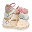 Linen canvas girl espadrille shoes for ceremony with lace and flower design.