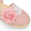 Linen canvas girl espadrille shoes for ceremony with lace and flower design.