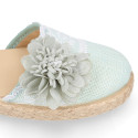 Linen canvas girl espadrille shoes for ceremony with lace and flower design.