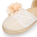 Linen canvas girl espadrille shoes for ceremony with lace and flower design.