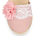 Linen canvas girl espadrille shoes for ceremony with lace and flower design.