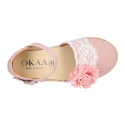 Linen canvas girl espadrille shoes for ceremony with lace and flower design.