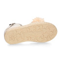 Linen canvas girl espadrille shoes for ceremony with lace and flower design.