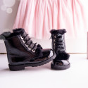 ROCK style BLACK patent finish girl boots with fake hair design.