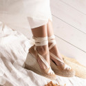 Suede leather wedge woman espadrilles shoes with ribbons closure.