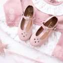 Pink Suede leather T-Bar Girl Mary Jane shoes with buckle fastening and chopped design.