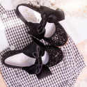 BLACK GLITTER classic Mary Jane shoes with hook and loop strap and BOW.