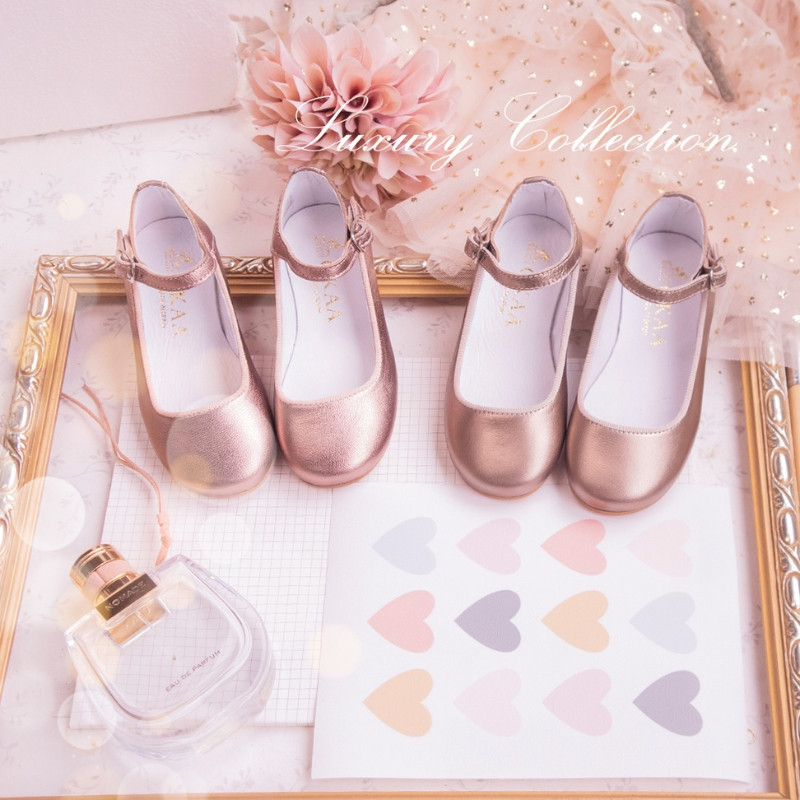PINK GOLD color soft leather girl halter Mary Jane shoes with buckle fastening. M327 OkaaSpain