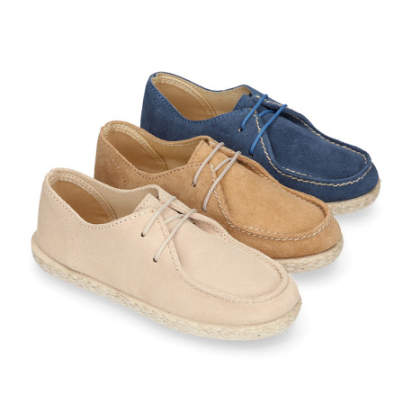 Suede leather kids nautical shoes espadrille style.