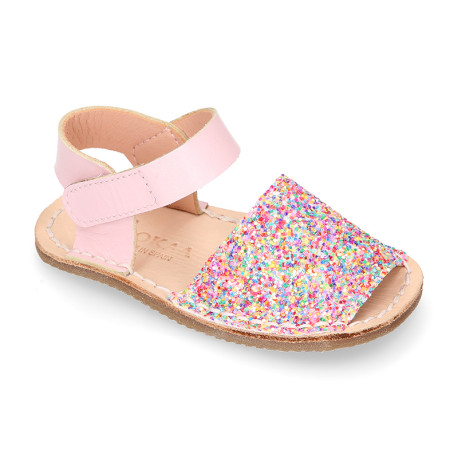 Kids Okaa Flex Menorquina sandal in glitter leather.