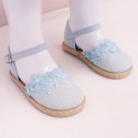 Linen canvas girl espadrille shoes for CEREMONIES with flower and pearls design.