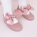 LINEN Girl Mary Jane shoes with hook and loop strap closure with BOW.