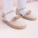 Linen canvas girl espadrille shoes for ceremony with flower and pearls design.