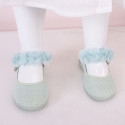 Linen Cotton canvas Girl Mary Jane shoes for Ceremony with buckle fastening with flowers.