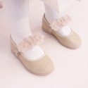 Linen Cotton canvas Girl Mary Jane shoes for Ceremony with buckle fastening with flowers.