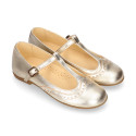 Girl T-BAR Mary Jane shoes in gold Nappa leather.