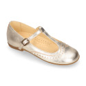 Girl T-BAR Mary Jane shoes in gold Nappa leather.