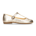 Girl T-BAR Mary Jane shoes in gold Nappa leather.