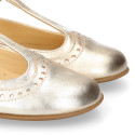 Girl T-BAR Mary Jane shoes in gold Nappa leather.