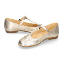 Girl T-BAR Mary Jane shoes in gold Nappa leather.