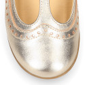 Girl T-BAR Mary Jane shoes in gold Nappa leather.