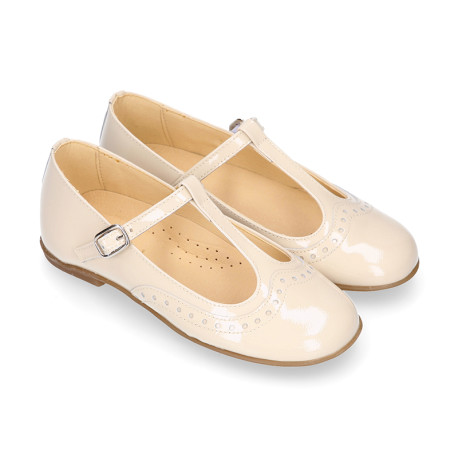 Girl T-BAR Mary Jane shoes in Ivory patent nappa leather.