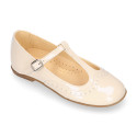 Girl T-BAR Mary Jane shoes in Ivory patent nappa leather.