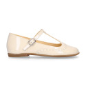 Girl T-BAR Mary Jane shoes in Ivory patent nappa leather.