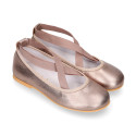 Laminated Nappa leather Girl Ballet flat shoes dancer style with elastic bands.