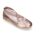 Laminated Nappa leather Girl Ballet flat shoes dancer style with elastic bands.