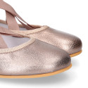 Laminated Nappa leather Girl Ballet flat shoes dancer style with elastic bands.