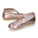 Laminated Nappa leather Girl Ballet flat shoes dancer style with elastic bands.