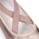 Laminated Nappa leather Girl Ballet flat shoes dancer style with elastic bands.