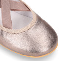 Laminated Nappa leather Girl Ballet flat shoes dancer style with elastic bands.