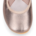 Laminated Nappa leather Girl Ballet flat shoes dancer style with elastic bands.