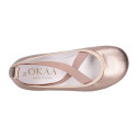 Laminated Nappa leather Girl Ballet flat shoes dancer style with elastic bands.