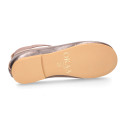 Laminated Nappa leather Girl Ballet flat shoes dancer style with elastic bands.