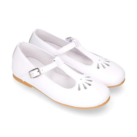 Little Girl T-Strap OKAA Mary Jane shoes in white patent leather.