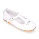 Little Girl T-Strap OKAA Mary Jane shoes in white patent leather.