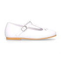 Little Girl T-Strap OKAA Mary Jane shoes in white patent leather.