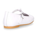 Little Girl T-Strap OKAA Mary Jane shoes in white patent leather.